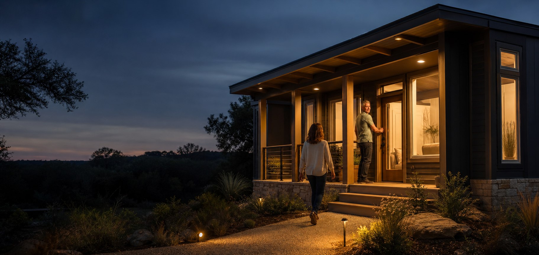 Park model home glowing at blue hour