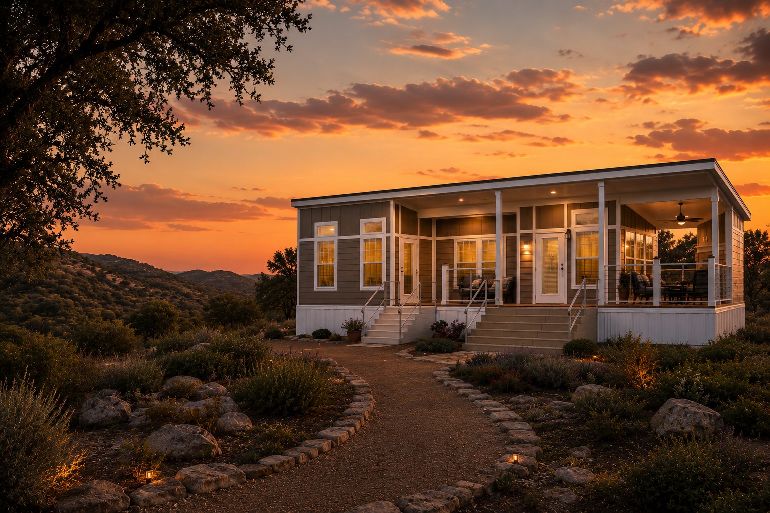 Firefly park model home at sunset