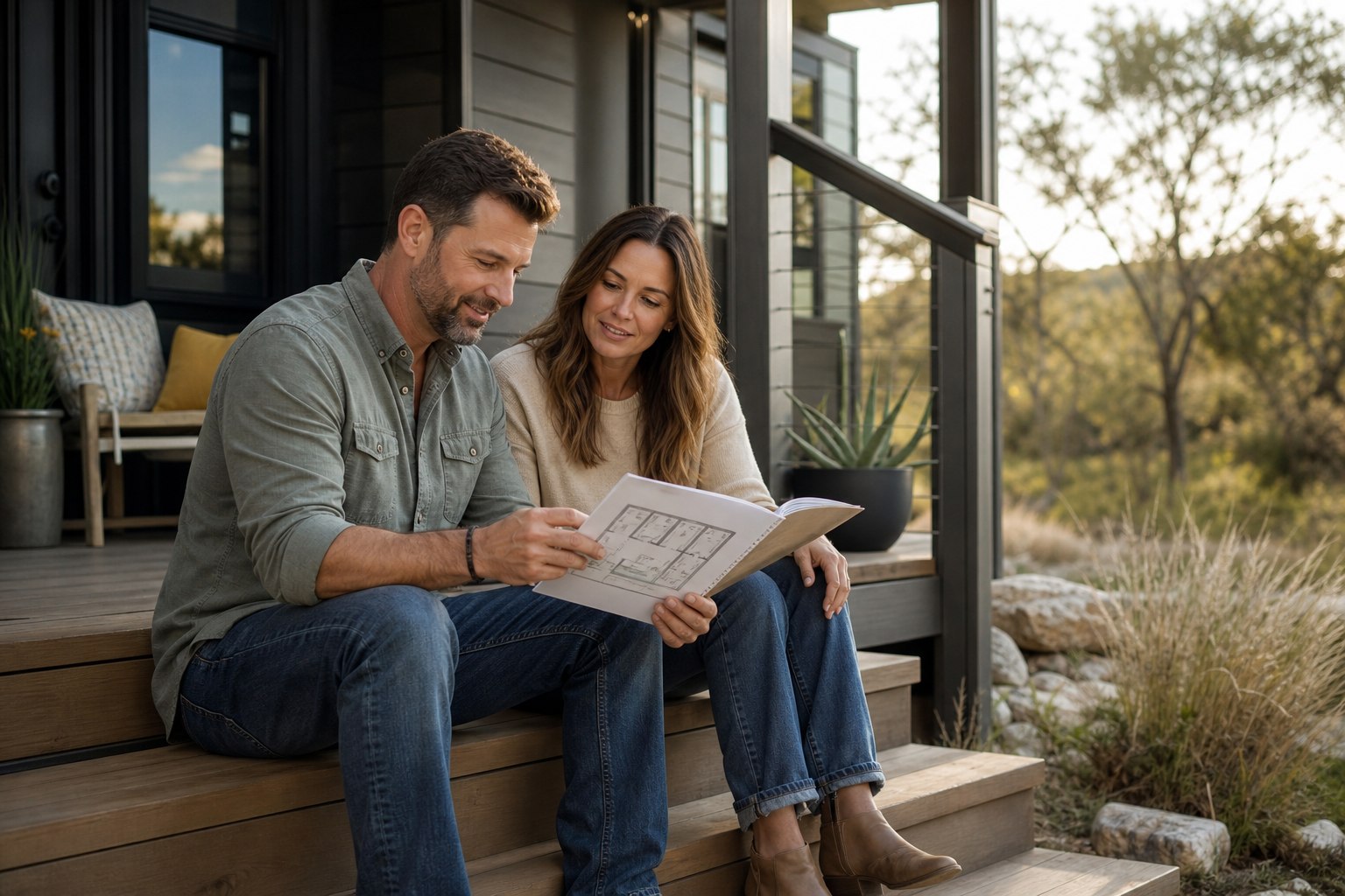 Couple reviewing tiny-home plans on a park-model porch